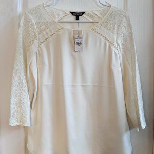 Express Blouse White Lace 3/4 Length Sleeves, Size Small NWT